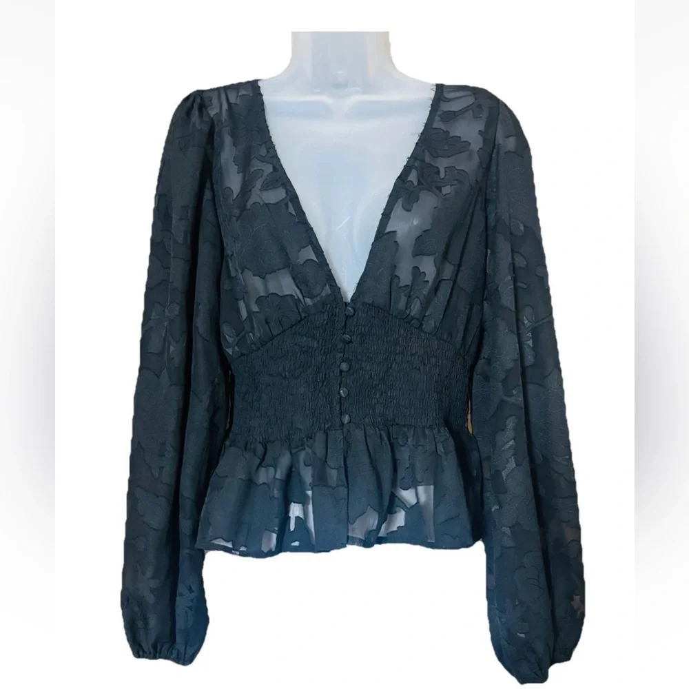 Lulus Women's M Patio Date Black Floral Burnout Lace Button-Up Long Sleeve Top - Picture 3 of 13